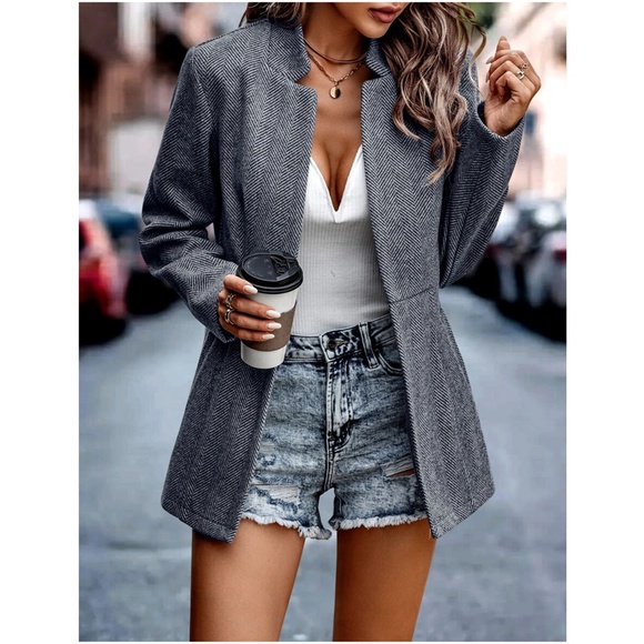 Classic Grey Herringbone Blazer Jacket Coat - Picture 4 of 12